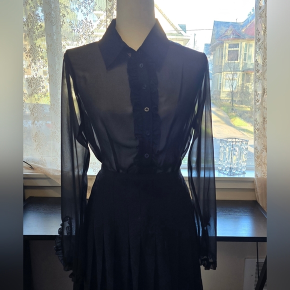 Bisou Bisou Tops - Bisou Bisou Women's black sheer long-sleeved button-up blouse W/ruffled details